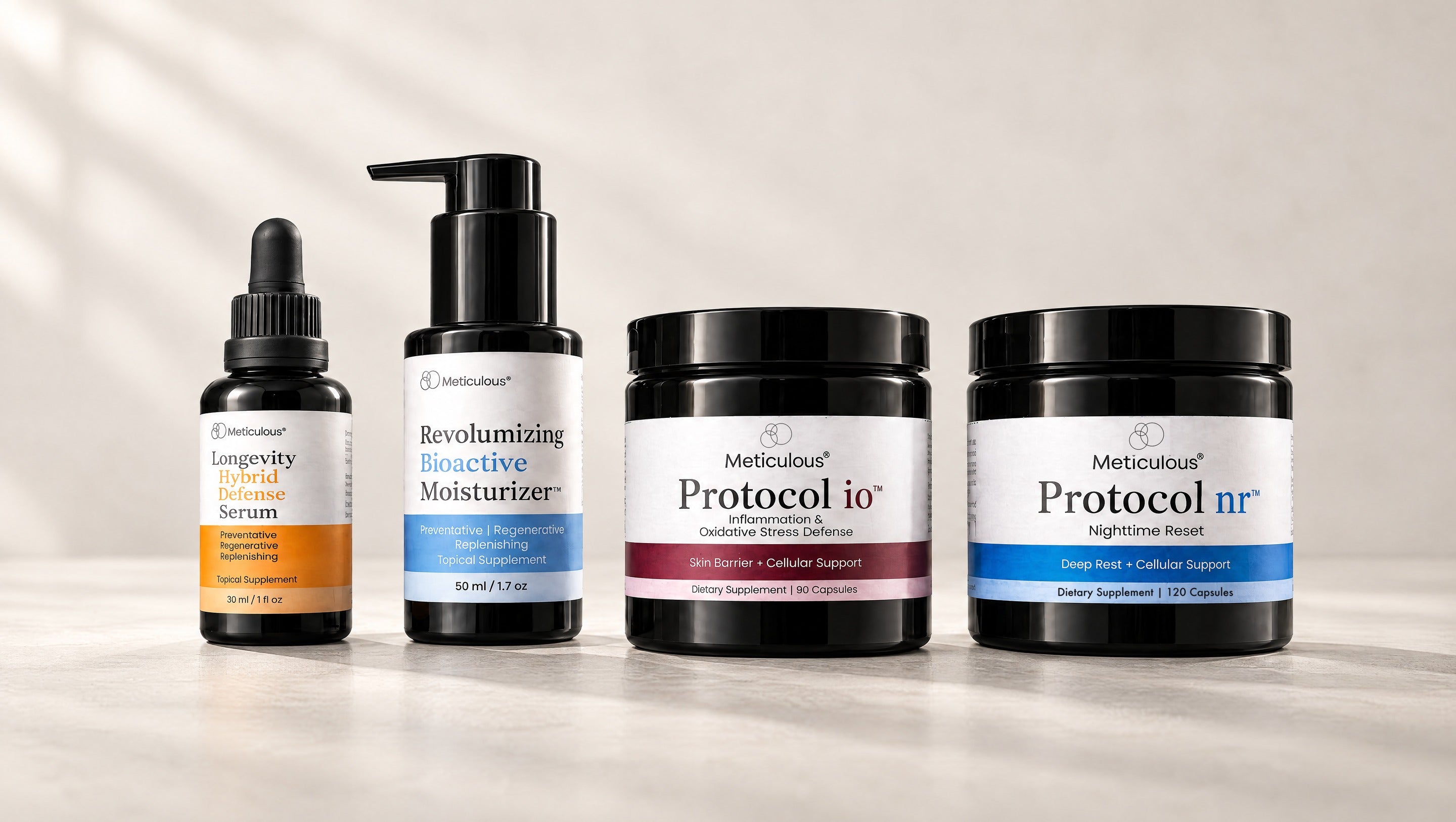 Longevity Hybrid Defense Serum, Revolumizing Bioactive Moisturizer, Protocol io and Protocol nr