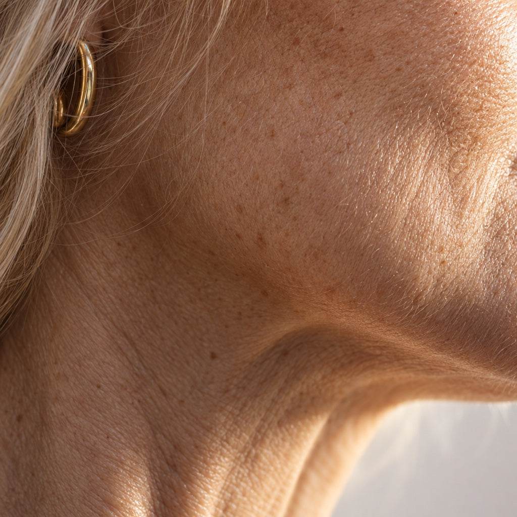 Close study of a mature jawline and neck in raking daylight