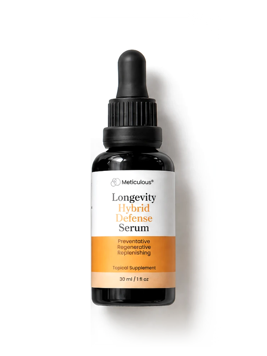 The Longevity Hybrid Defense Serum in a black dropper bottle.