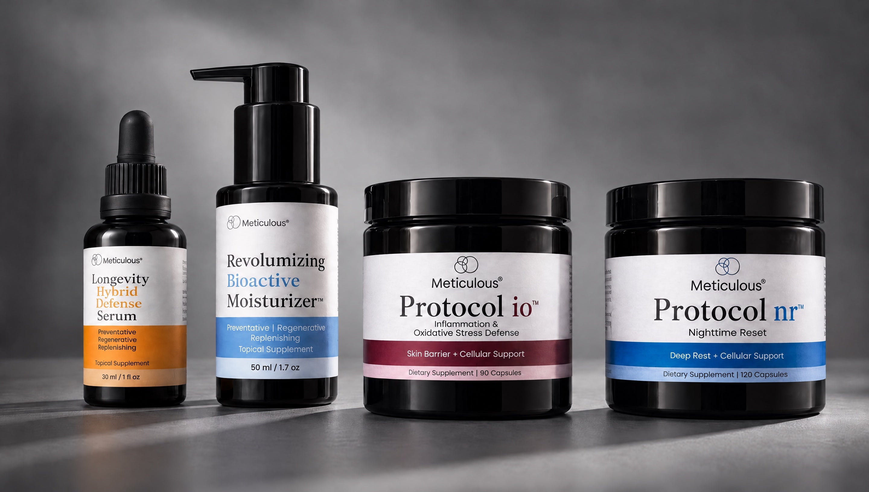 Longevity Hybrid Defense Serum, Revolumizing Bioactive Moisturizer, Protocol io and Protocol nr