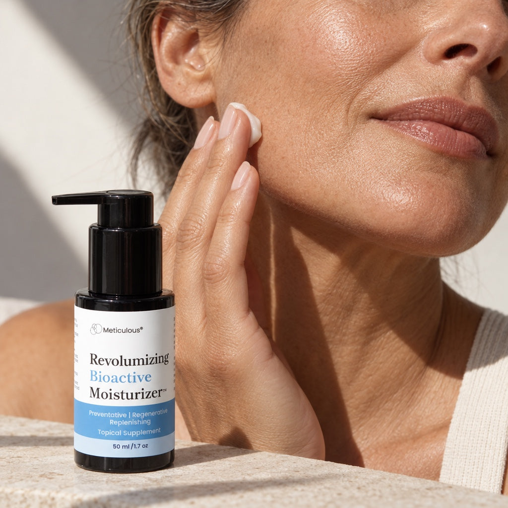 Woman applying Meticulous Revolumizing Bioactive Moisturizer